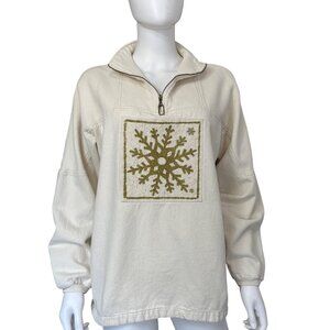Coldwater Creek Pullover Womens XS Ivory Cotton Snowflake Glitter Holiday